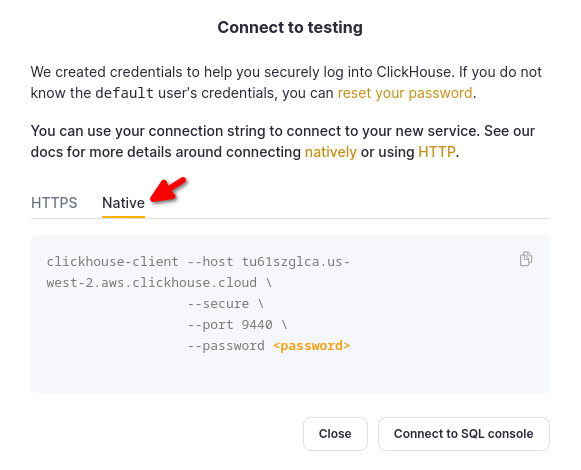 ClickHouse Cloud Native TCP connection details